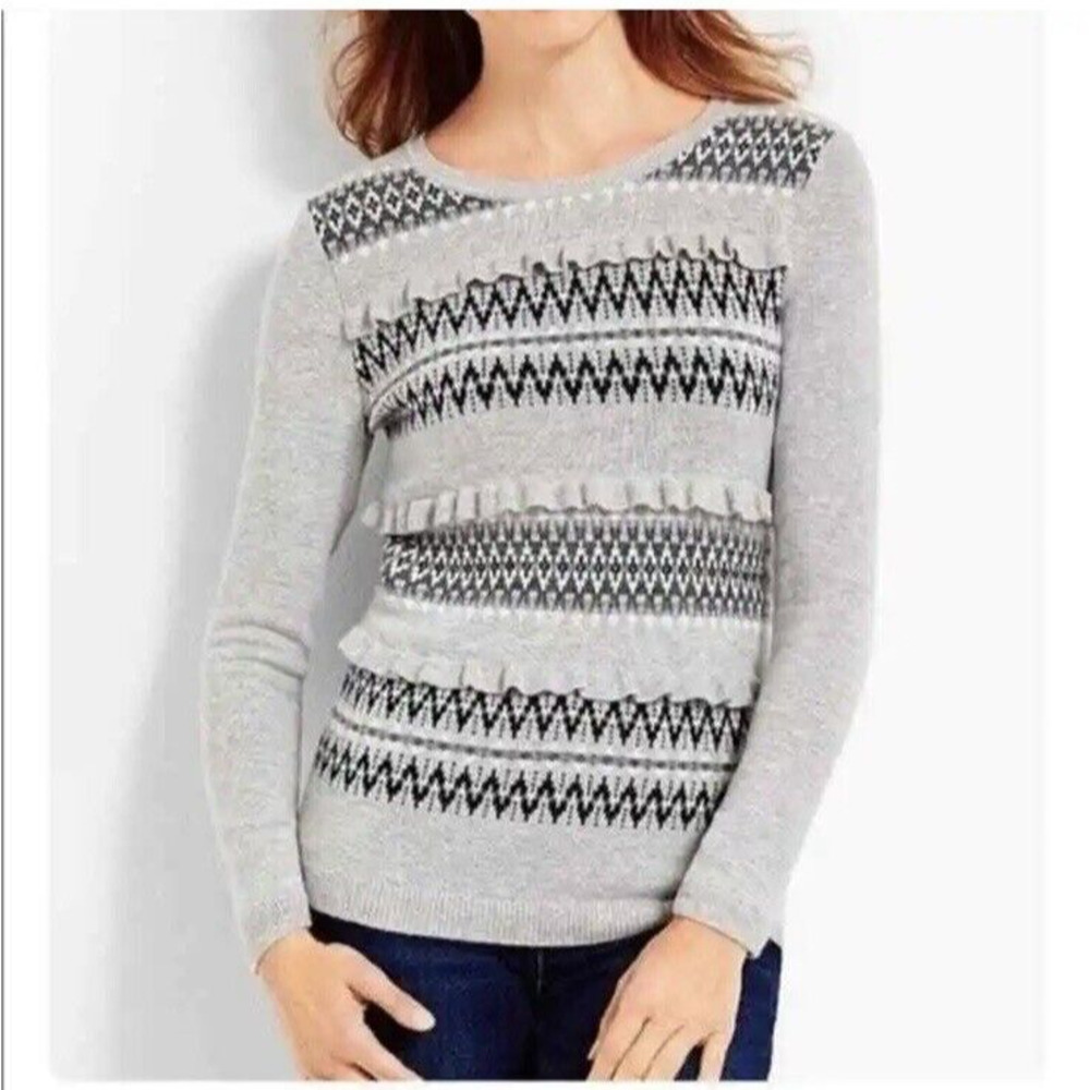 NWT Talbots Gray Nordic Fair Isle Ruffle Lambswool Crewneck Sweater Womens XL